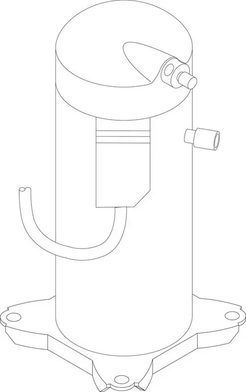 BOSCH Kompressor mit zylindrischer Form, ausgestattet mit zwei Anschlüssen und einem Schlauch. Montiert auf einer flachen Basis.